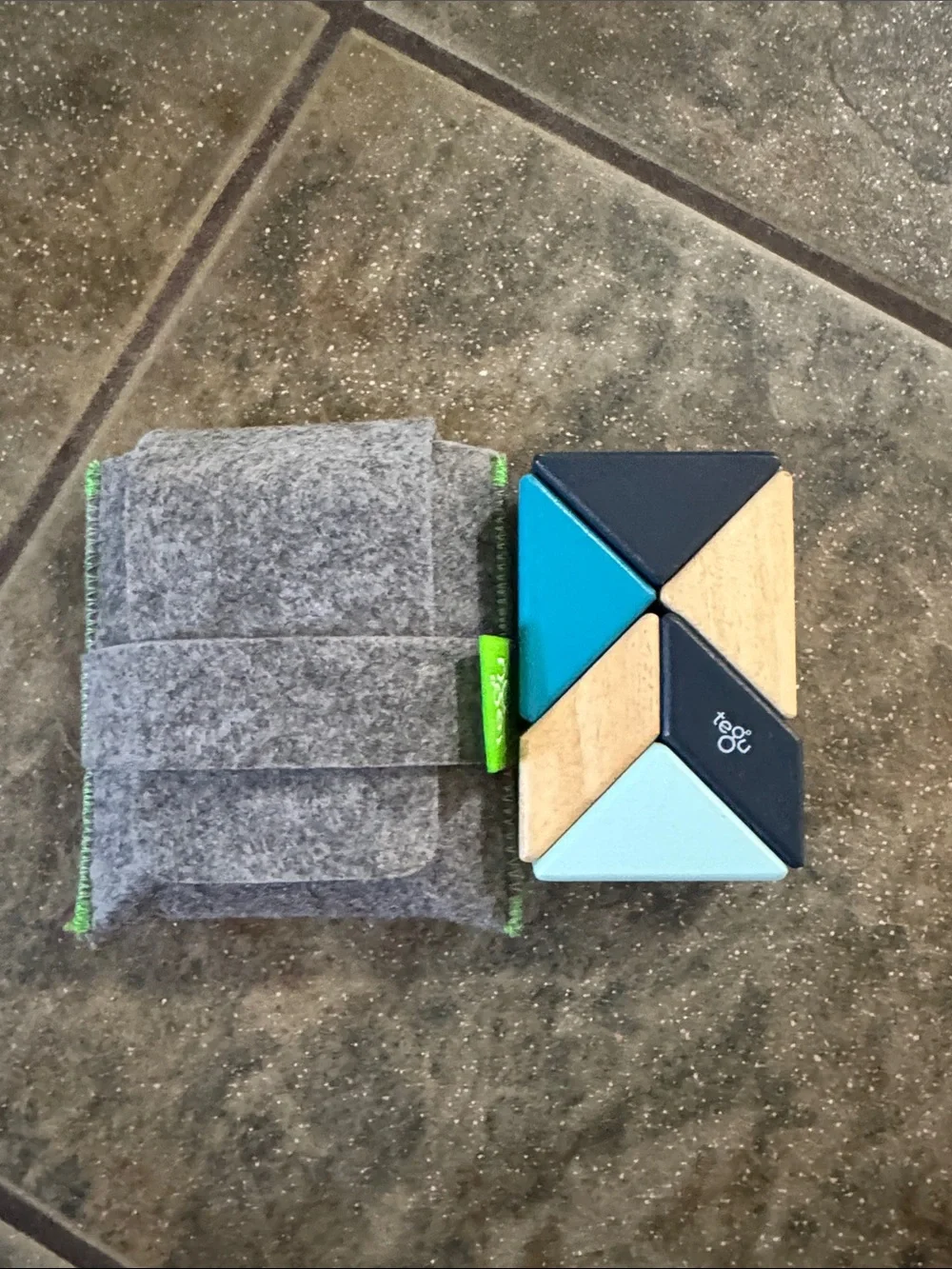 Magnetic Wooden Building Tiles Set in Blue and Natural Wood with Gray Pouch